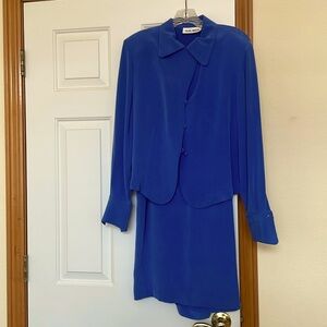 100% silk, Galinda Wang, baby blue, two piece dress shirt and skirt